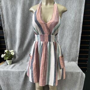 American Eagle Halter Sundress Women S Stripe Cotton Linen Blend Lined Pocket